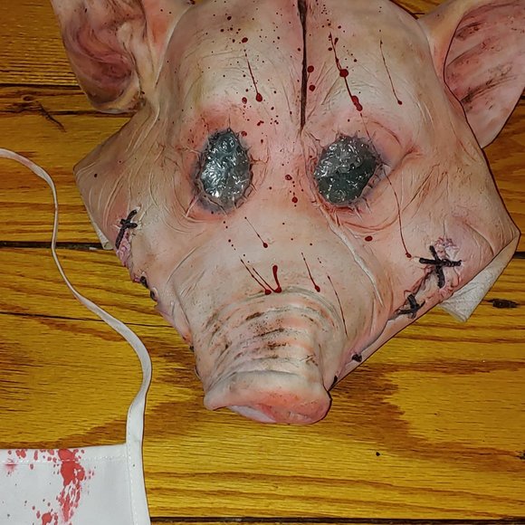 Halloween Scary Psycho Pig Butcher Mask Costume & Bloody Apron - Picture 2 of 5